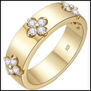 14K Yellow Gold Clover Ring Moissanite 925 Sterling Silver Everyday Casual